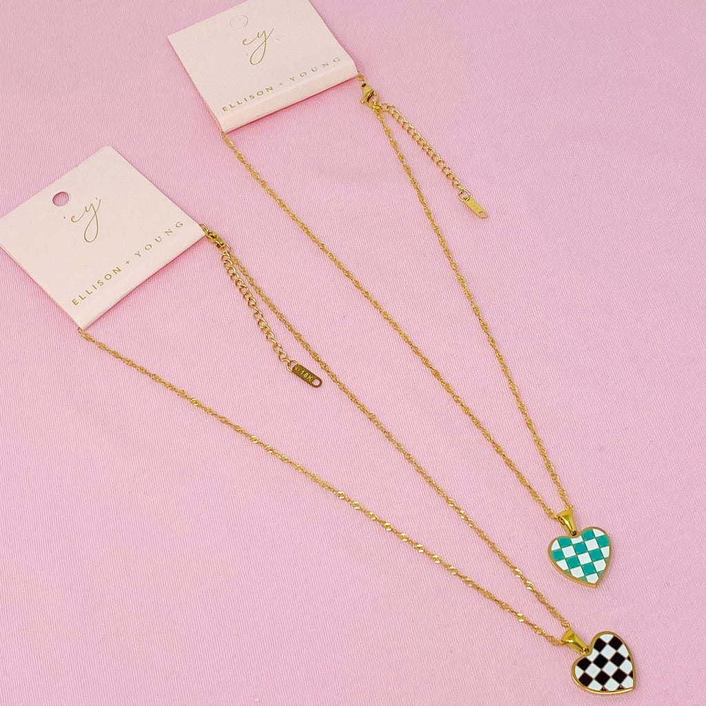 Checkered Heart Necklace in Gold Plated Stainless Steel