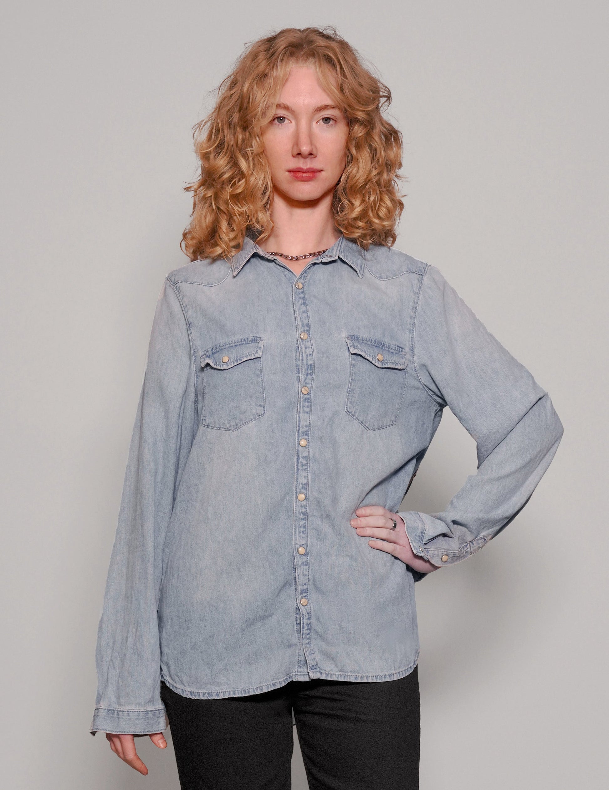Party Back Shirt - Gold Star Sequin - Light Blue Denim