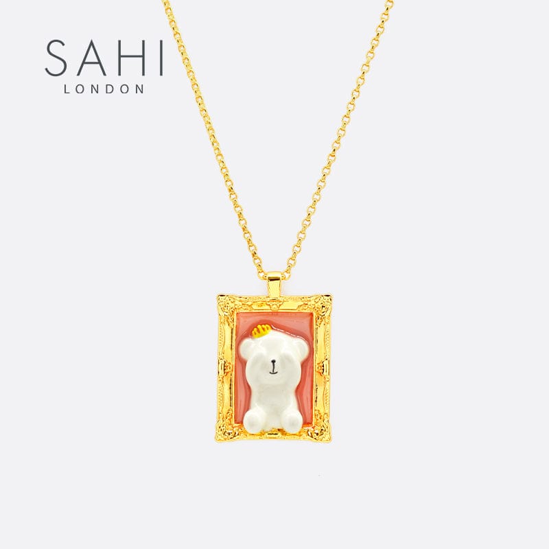 Camellia Bear Sweater Chain Necklace in Gold and White