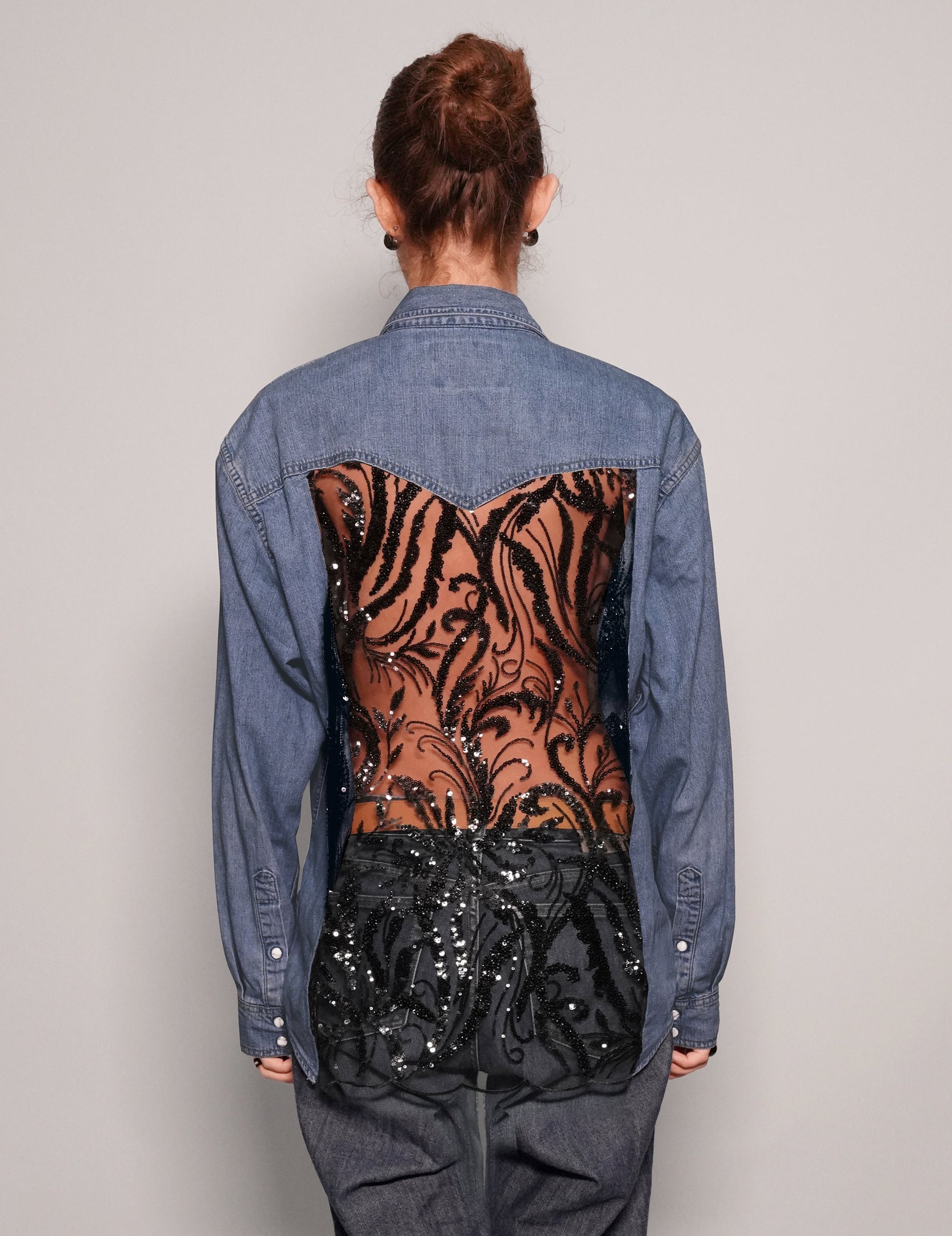 Party Back Shirt - Black Sequin - Blue Denim