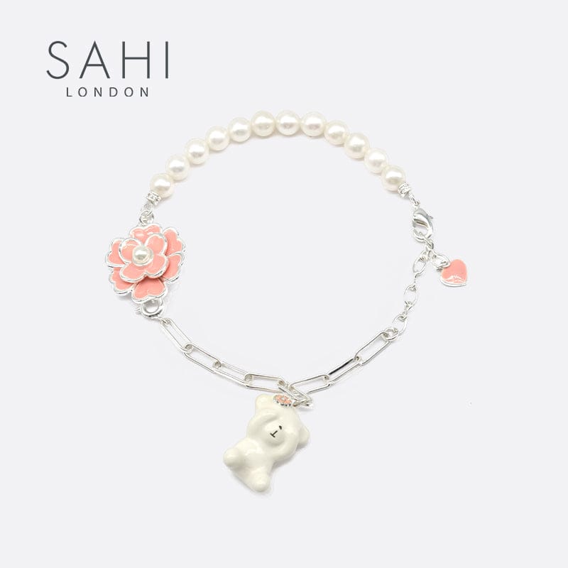 Gold Enameled Pearl Bear Chain Bracelet