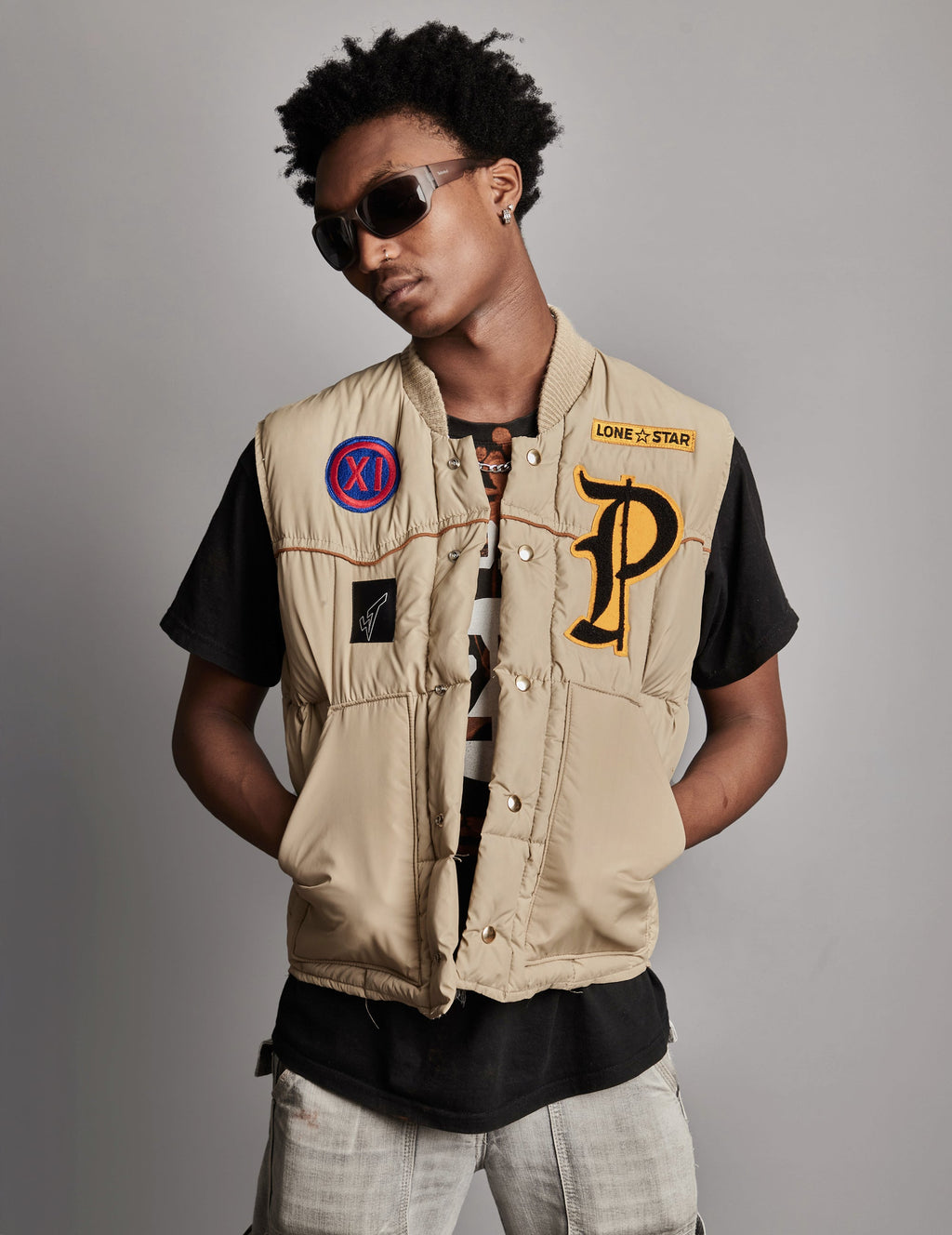 Patched Khaki Puffer Gilet