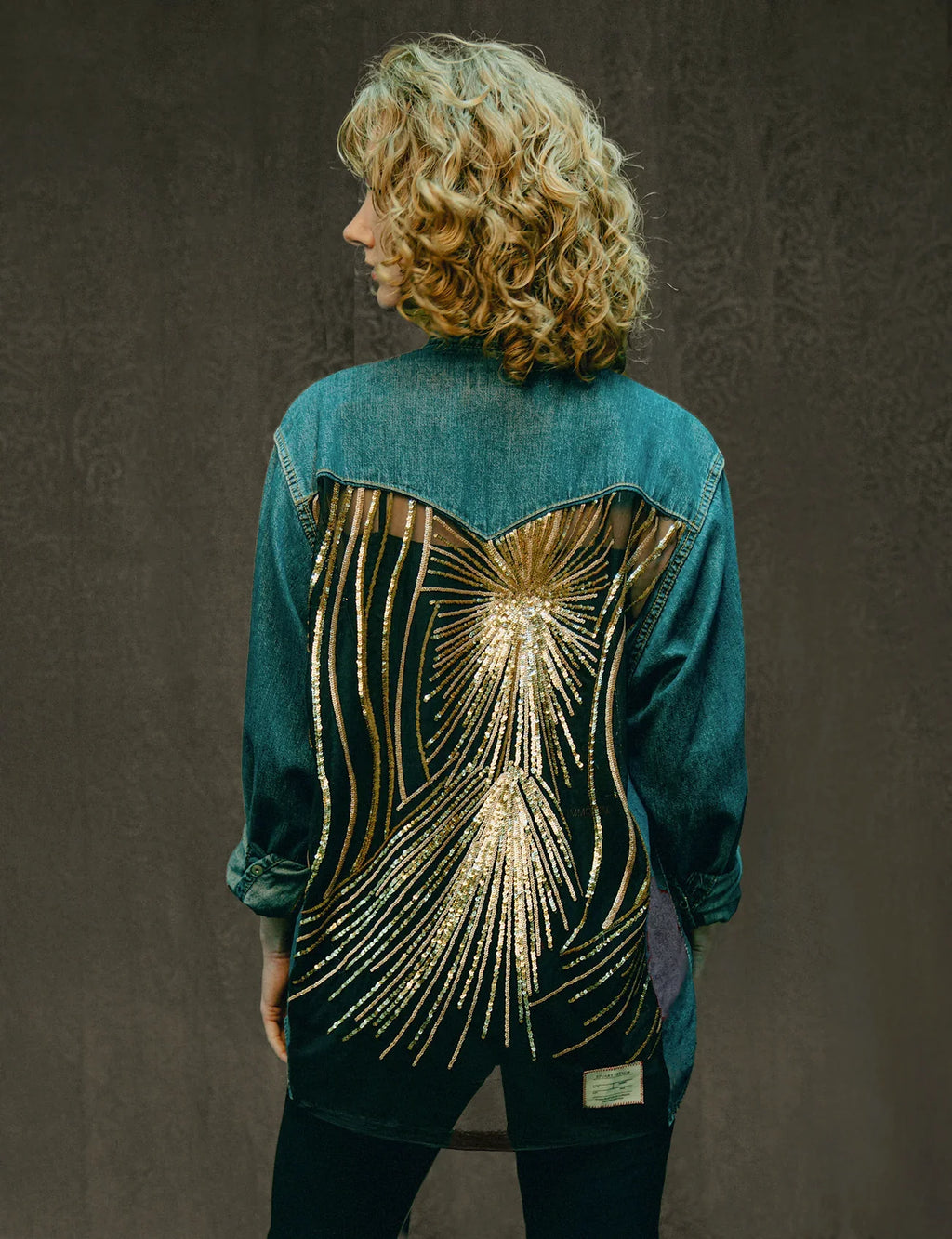 Party Back Shirt - Gold Star Sequin - Blue Denim
