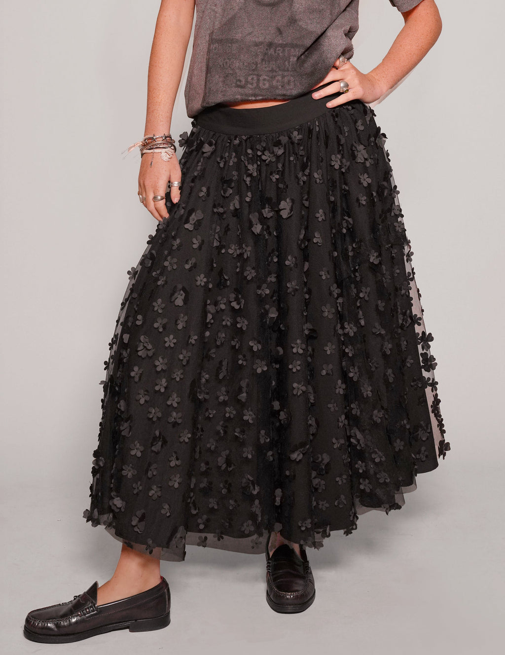 Mesh Maxi Skirt - Flower Pattern in Black