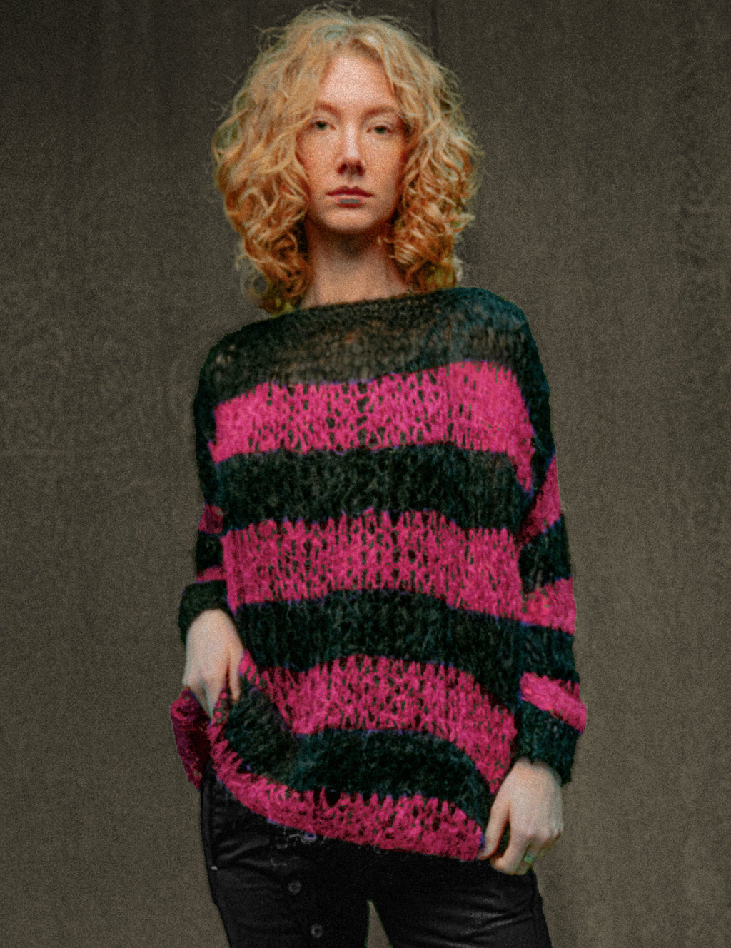 "PISTOLS" Mohair Hand Knit Sweater - Pink & Black