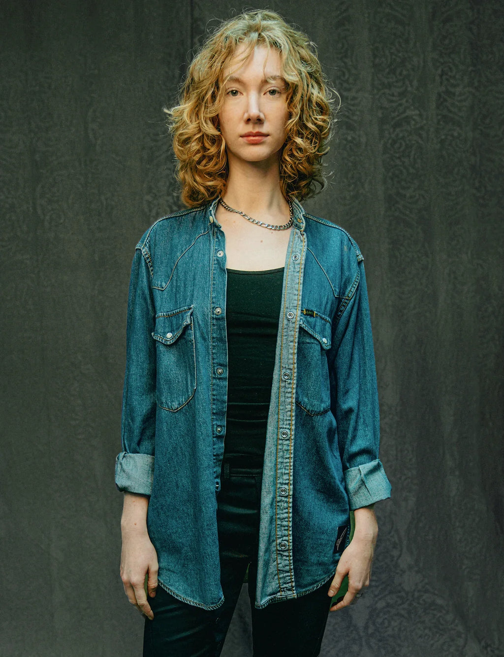 Party Back Shirt - Black Sequin - Blue Denim