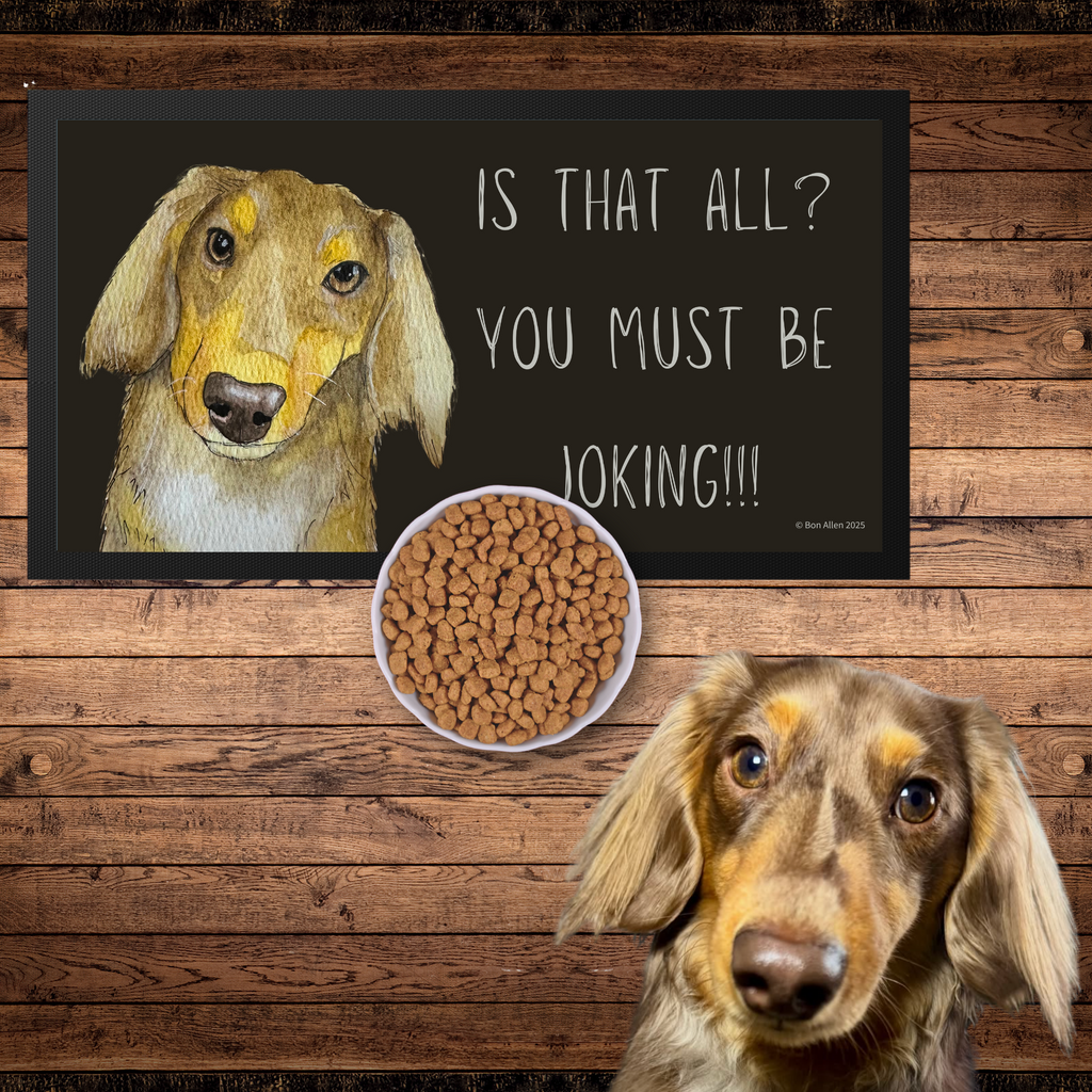 Long Haired Dachshund Dining Drama – Hilarious Pet Bowl Mat!