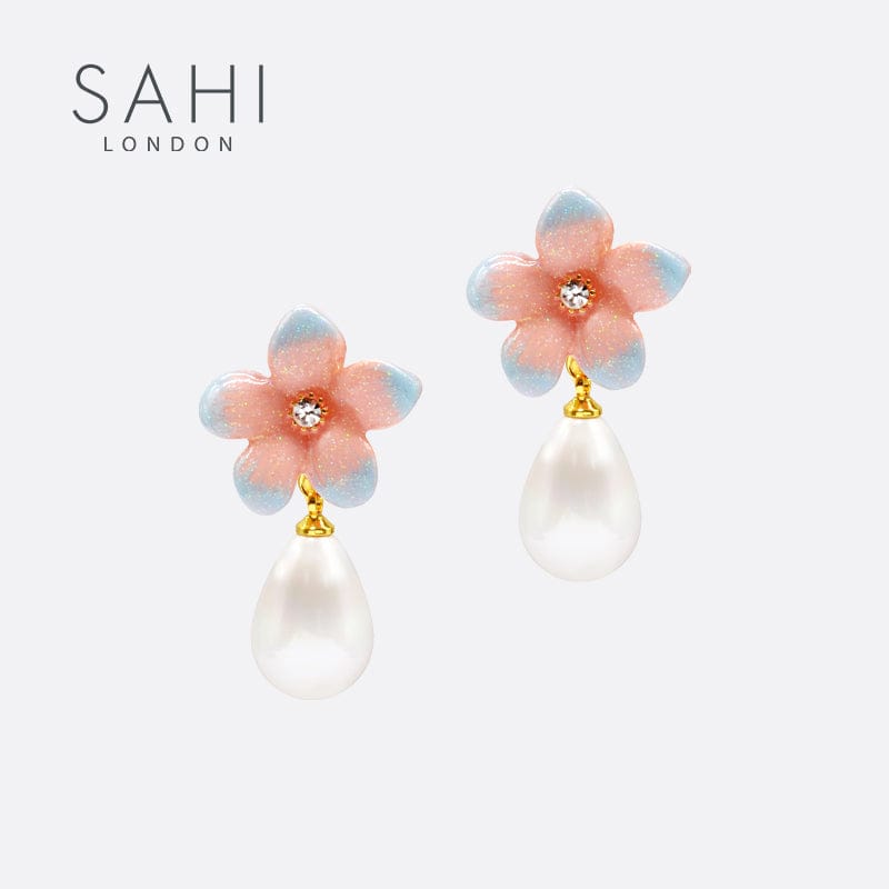 Peach Lily Flower Pearl Drop Earrings in Gold