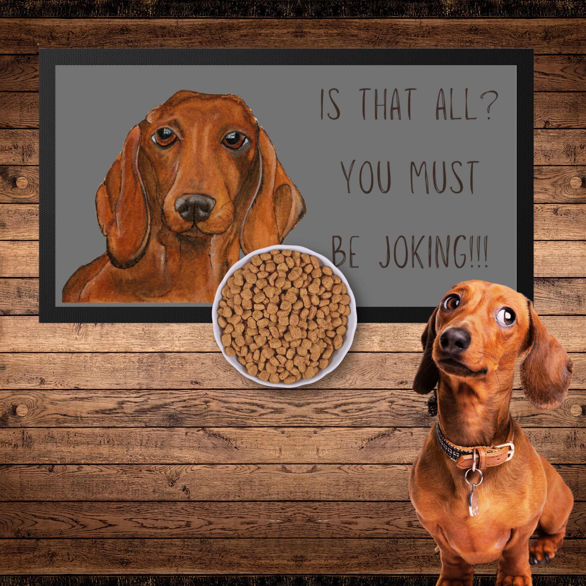 Dachshund Dining Drama – Hilarious Pet Bowl Mat!