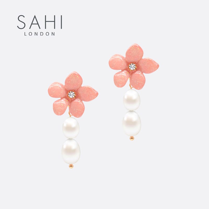 Gold Plated Lily Flower Pearl Drop Dangle Earrings in Peach
