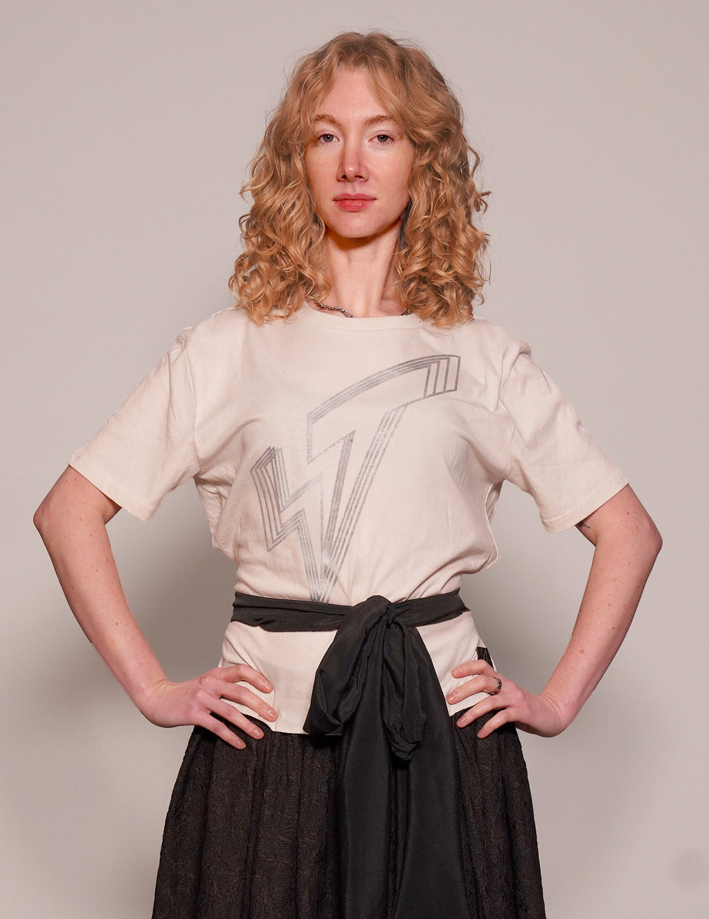 ST Silver Logo Tie-Tee in Ecru with Black Tie