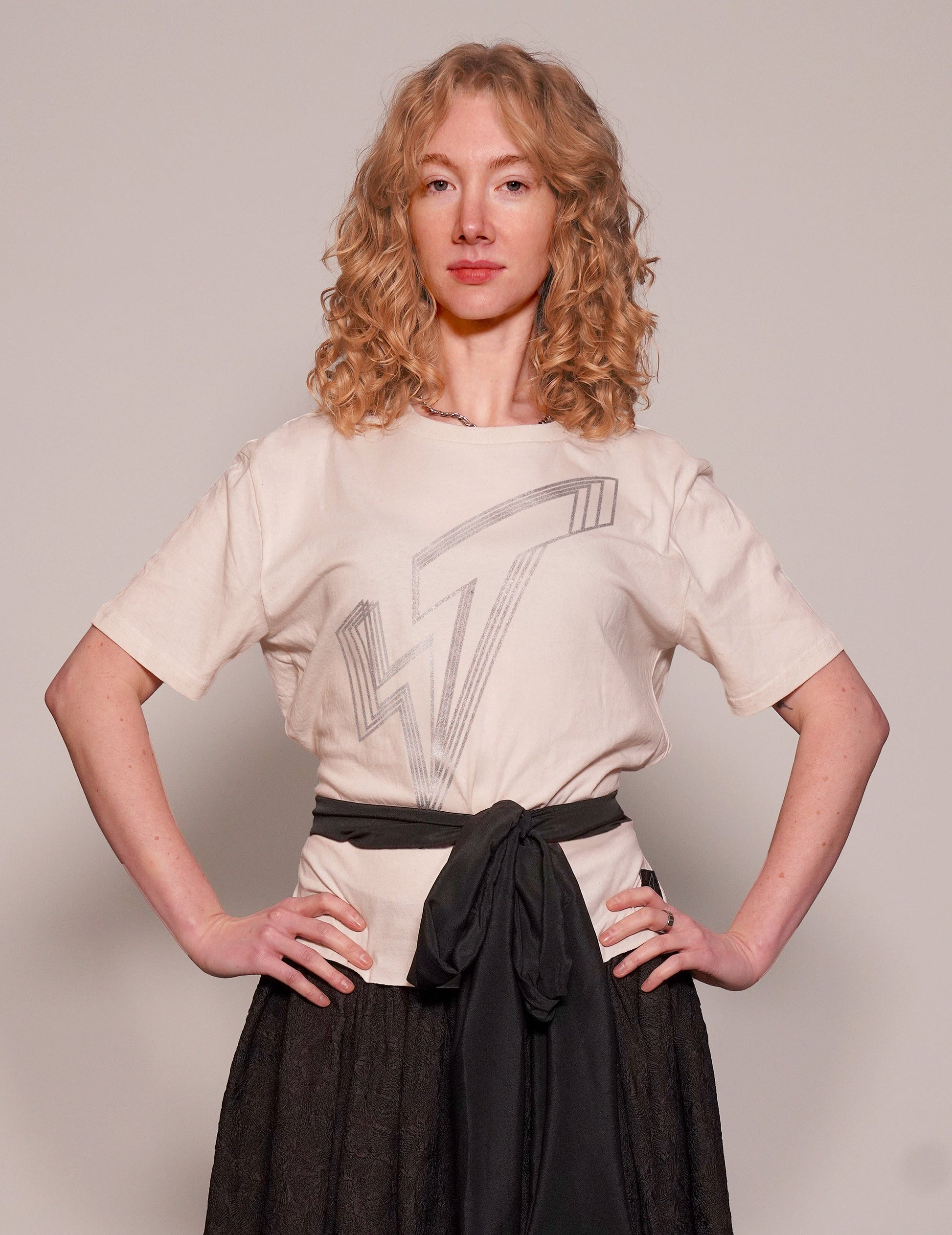 ST Silver Logo Tie-Tee in Ecru with Black Tie