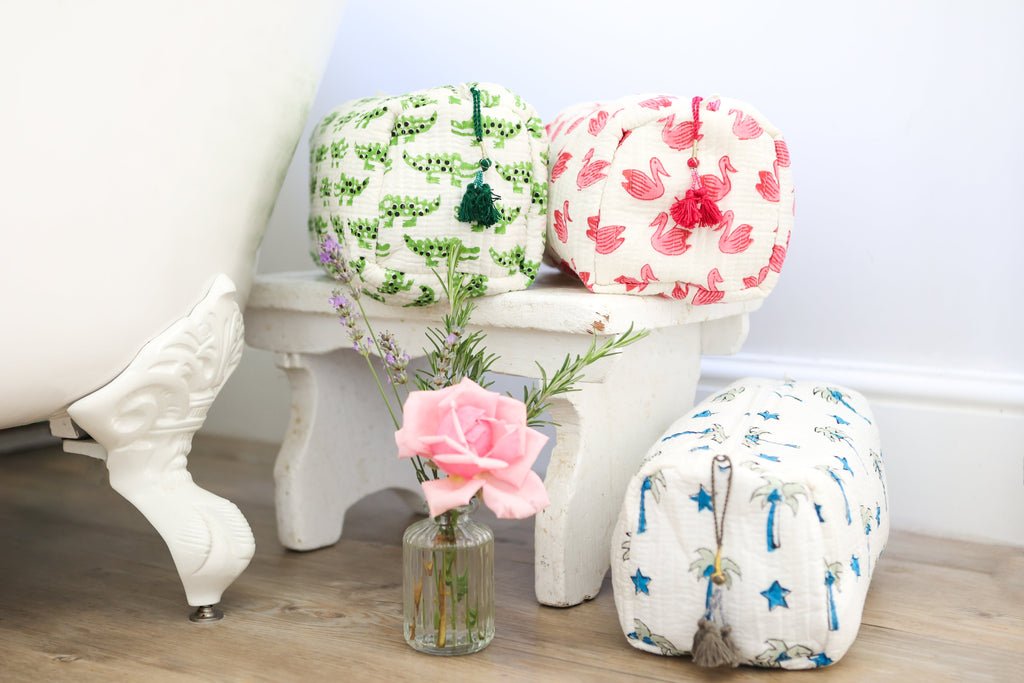 Crocodile Print Cotton Wash Bag with Waterproof Lining