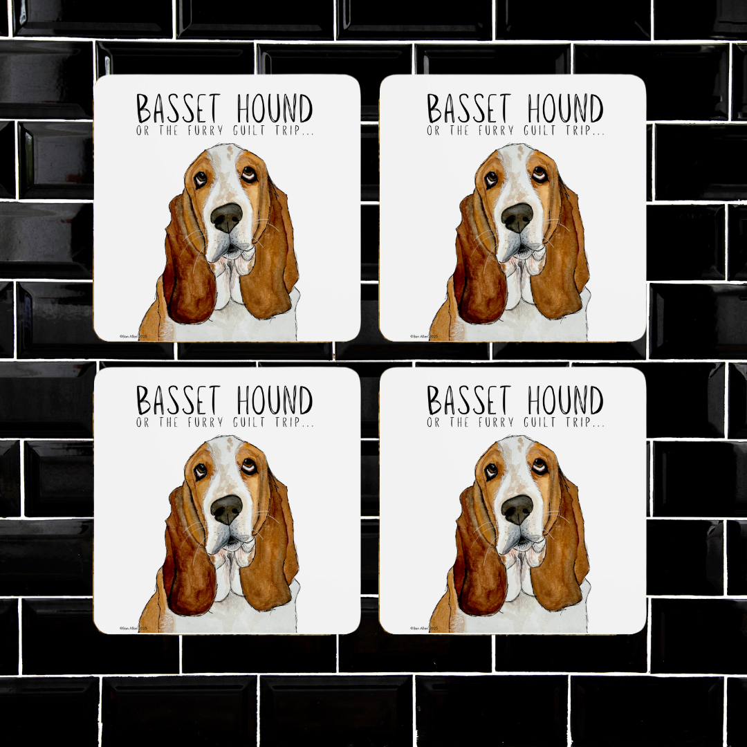 Furry Guilt Trip Coasters – Basset Hound Approved