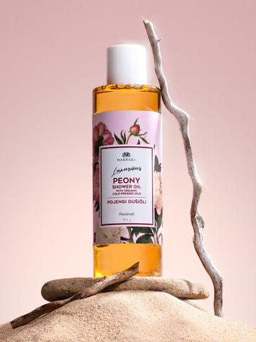 Luxurious Peony Shower Oil – Spa Experience & Natural Skin Care by Magrada Organic Cosmetics at www.brixbailey.com