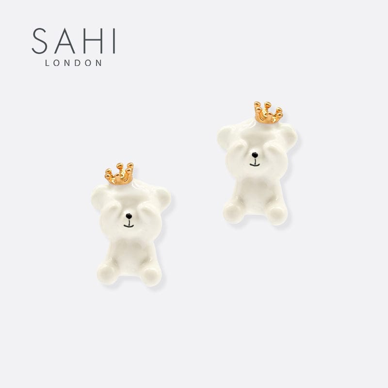 Gold Enameled Camellia Bear Stud Earrings