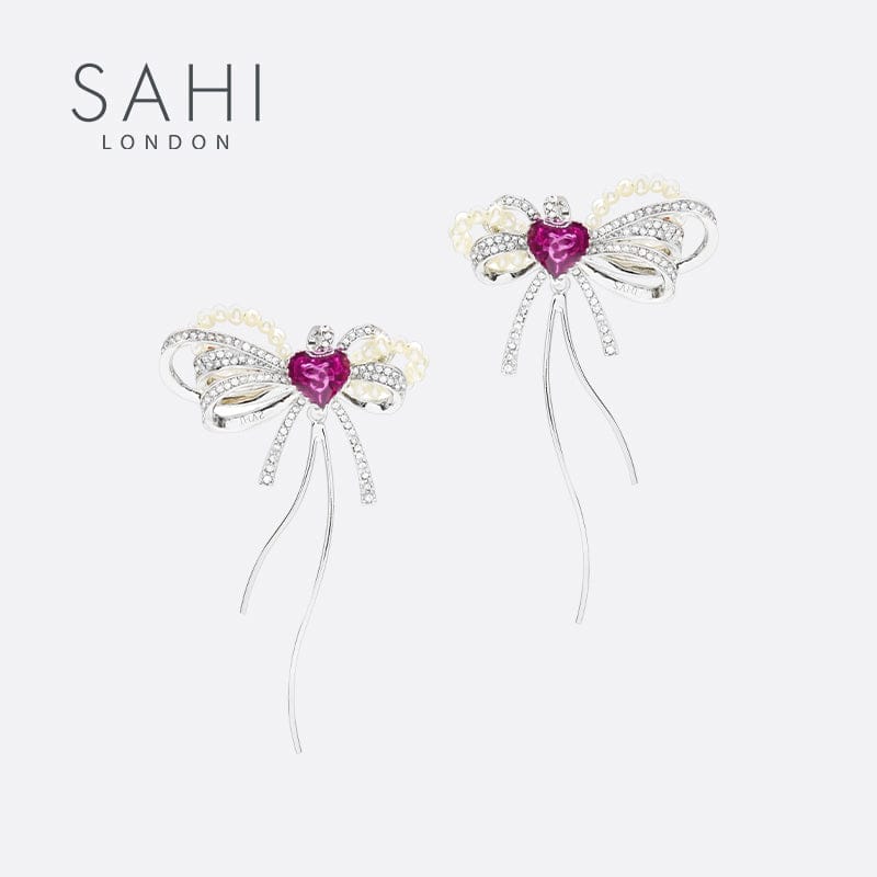 Love Heart Enamel Bow Stud Drop Earrings in Silver and Violet