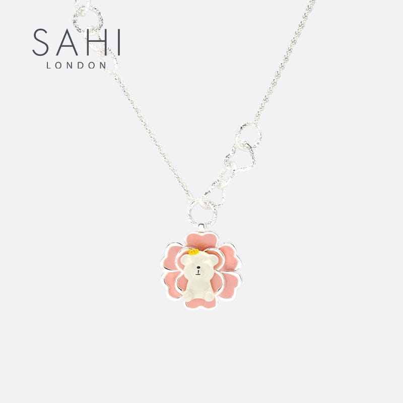 Camellia Bear Pendant Charm Necklace Hand Enameled