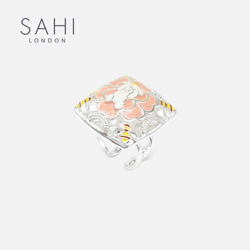 Gold Enameled Square Camellia Bear Ring