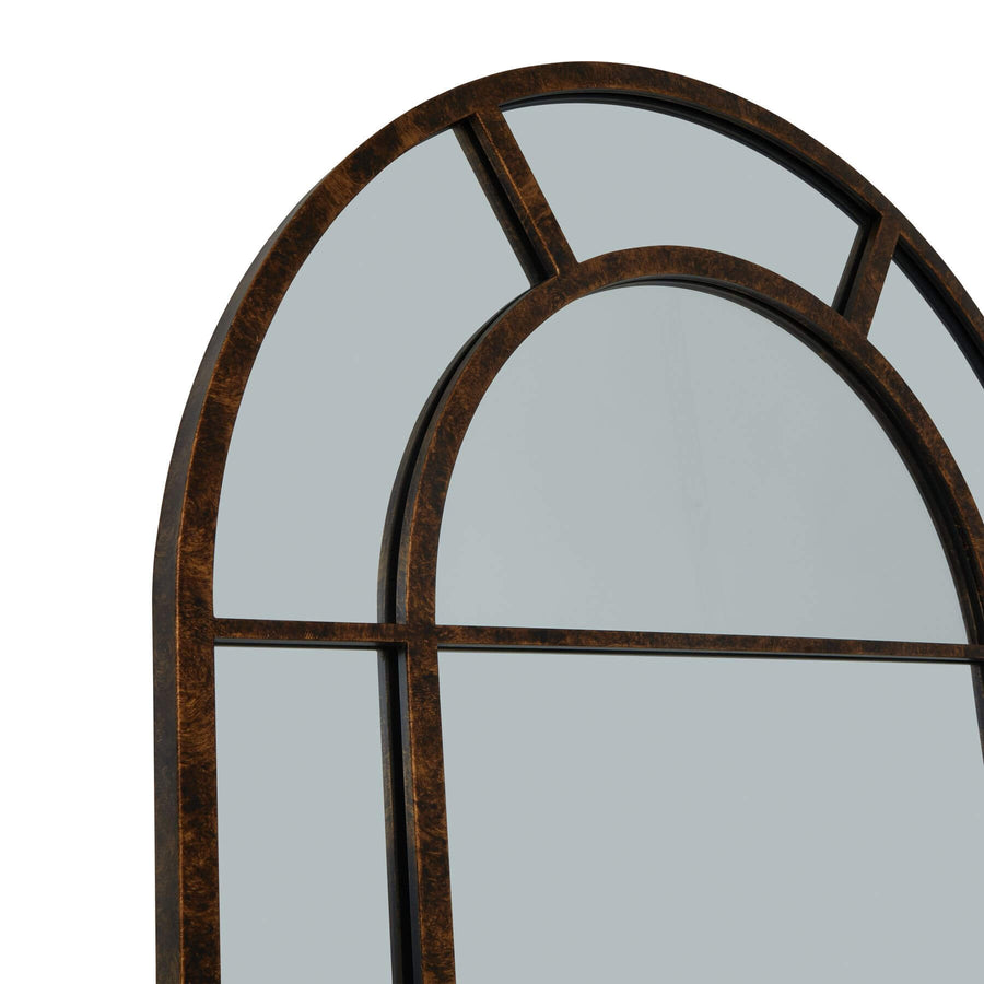 Large rustic arched mirror with brown rust-effect finish, 200cm tall, solid wood frame, vintage home decor statement piece by Sostter at brixbailey.com