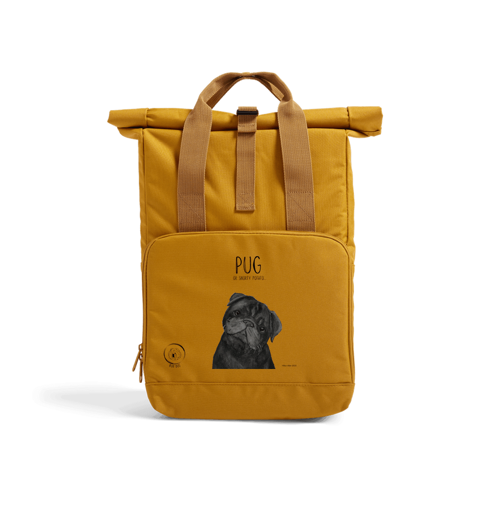 "Pug or Snorty Potato?" Ethical Backpack for Pug Lovers! Black Pug Version