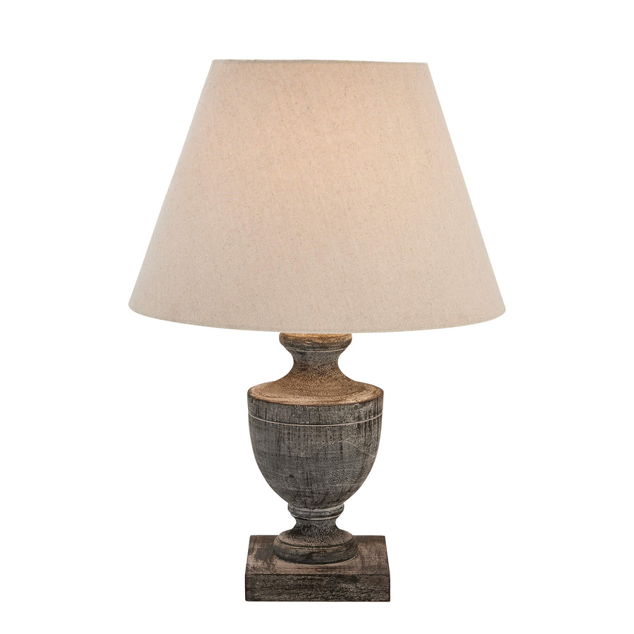 Incia table lamp with grey-washed wood base and neutral linen shade, 51cm tall, for ambient lighting by Sostter at brixbailey.com