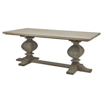 French-inspired artisan dining table with bleached hardwood top and black iron accents, natural brown finish. by Sostter at brixbailey.com
