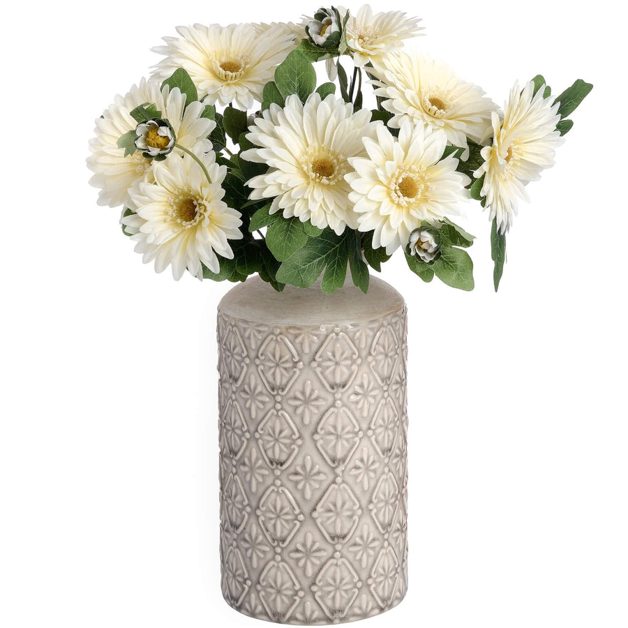 White ceramic-style plastic vase with textured artisan patterns, 26cm tall, modern architectural design for home decor by Sostter at brixbailey.com