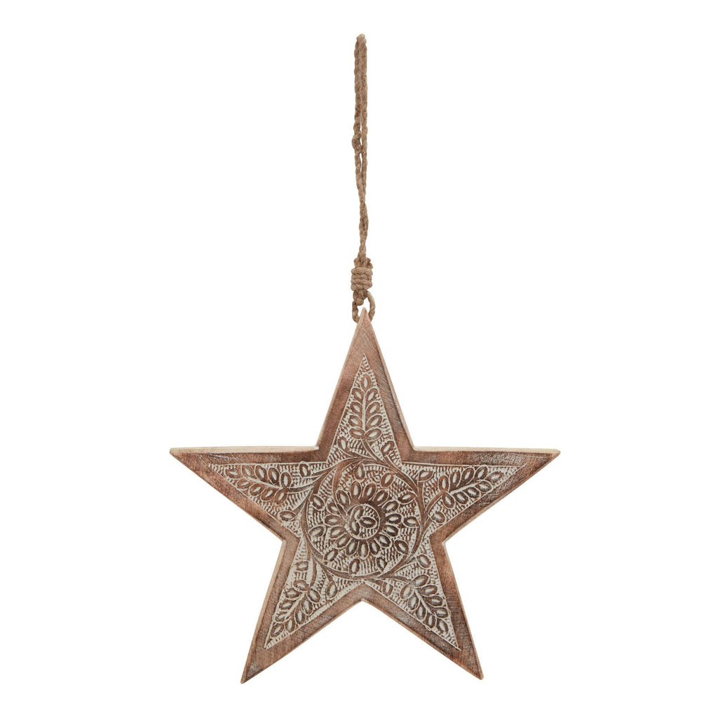 Natural wooden hanging star decor with intricate laser-cut pattern, warm brown finish, 25cm diameter by RoomLondon at brixbailey.com
