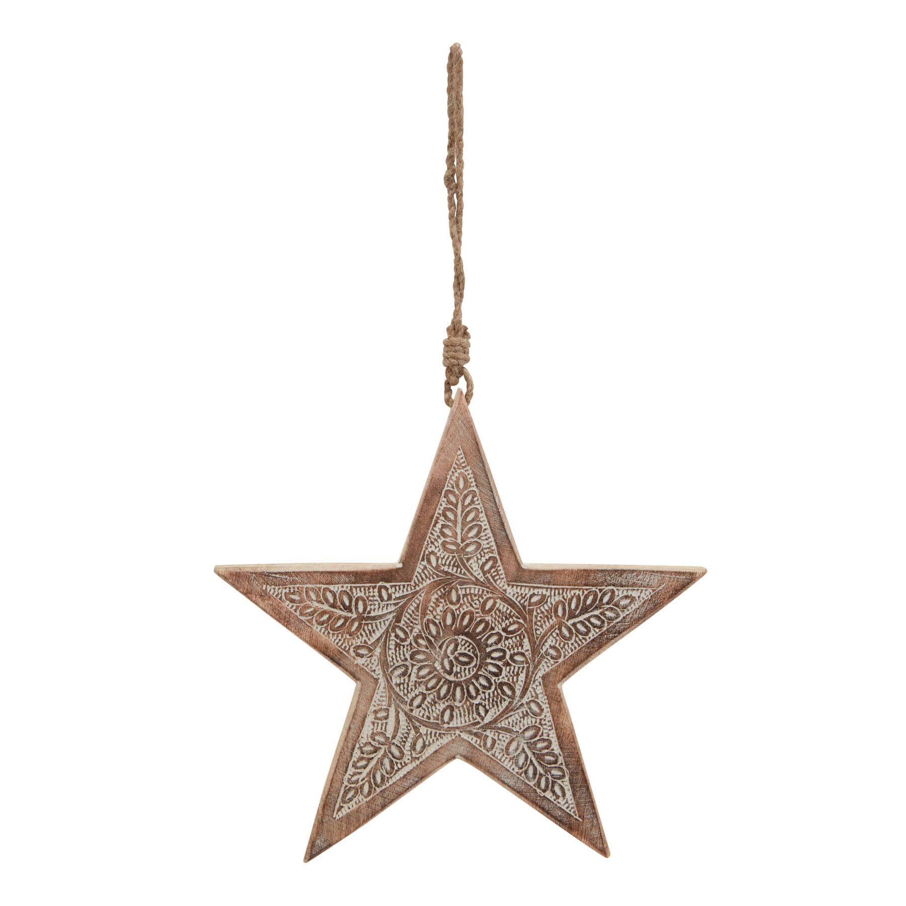 Natural wooden hanging star decor with intricate laser-cut pattern, warm brown finish, 25cm diameter by RoomLondon at brixbailey.com
