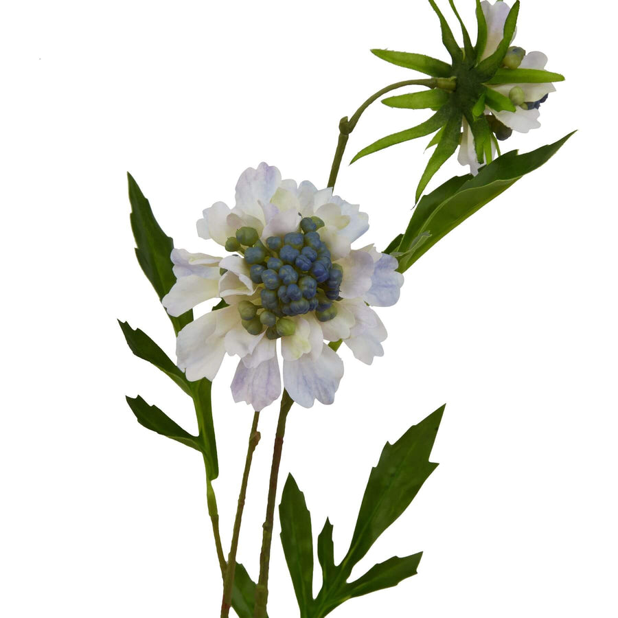 Lifelike artificial scabious stem with soft blue petals, realistic texture, and botanically accurate details for home decor by Sostter at brixbailey.com