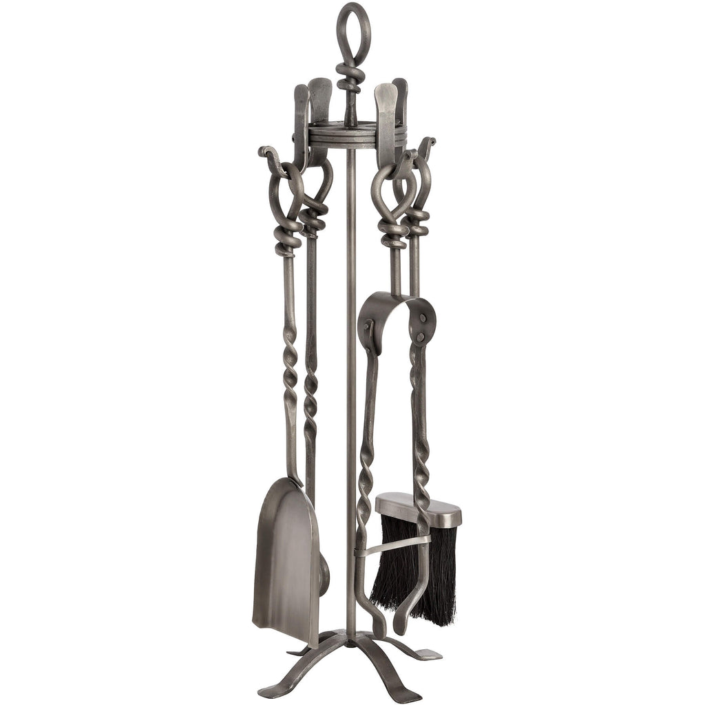 Hand-turned pewter fireplace set with poker, shovel, brush, and tongs on weighted stand, polished nickel alloy finish. by Sostter at brixbailey.com