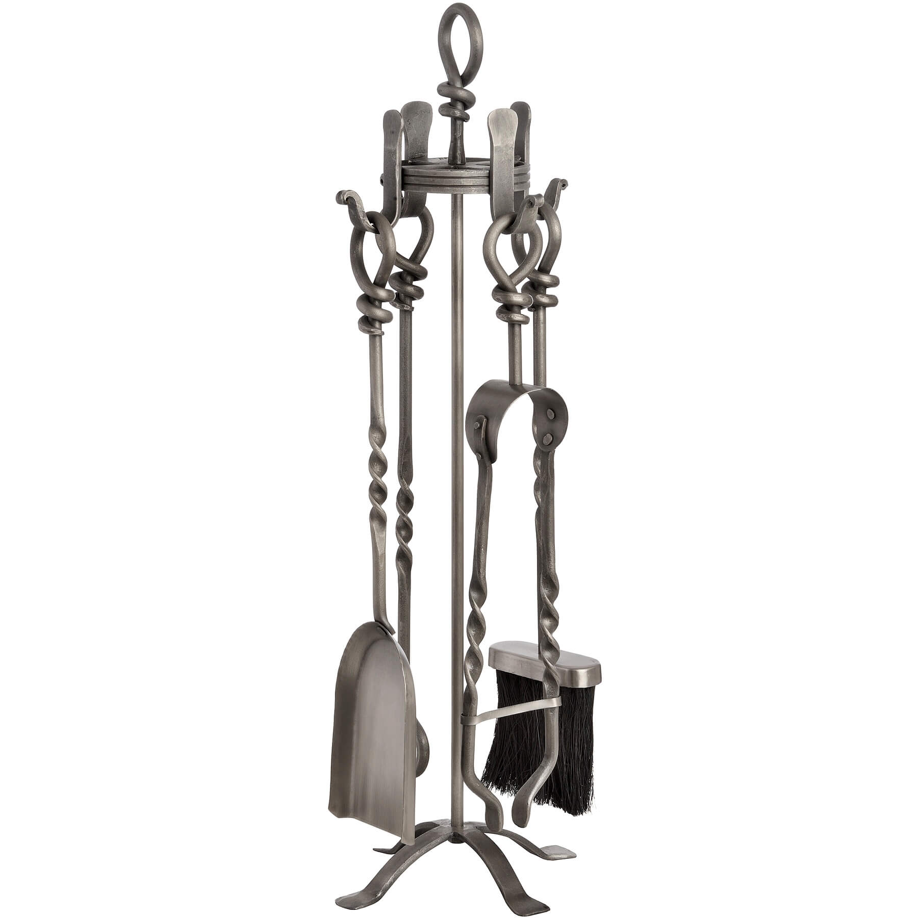 Hand-turned pewter fireplace set with poker, shovel, brush, and tongs on weighted stand, polished nickel alloy finish. by Sostter at brixbailey.com