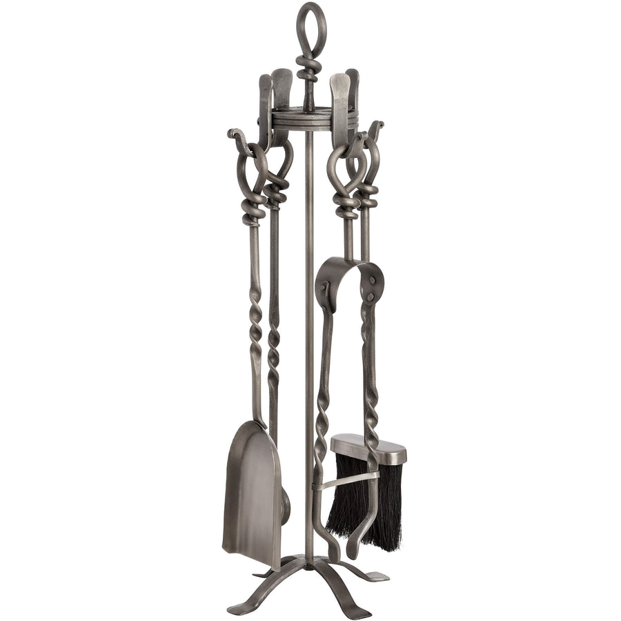 Hand-turned pewter fireplace set with poker, shovel, brush, and tongs on weighted stand, polished nickel alloy finish. by Sostter at brixbailey.com