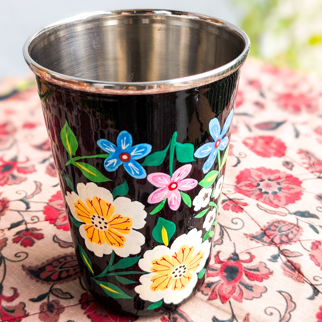 Hand-Painted Stainless Steel Tumblers, Food Safe Kashmiri Hand Painted 400ml Drinking Cups