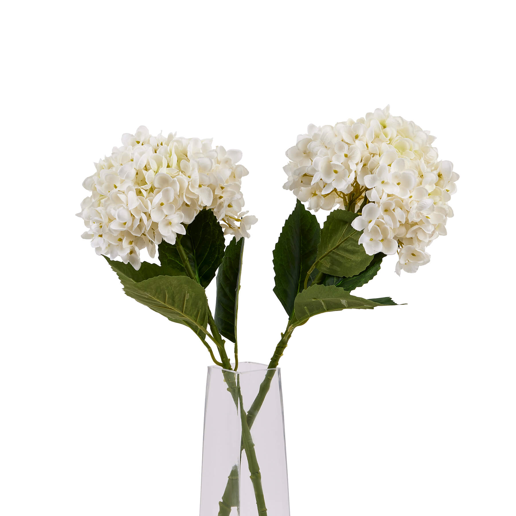 White artificial hydrangea stem with lifelike clustered florets and green stem, 58 cm tall, for home decor by Sostter at brixbailey.com