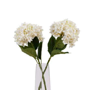 White artificial hydrangea stem with lifelike clustered florets and green stem, 58 cm tall, for home decor by Sostter at brixbailey.com