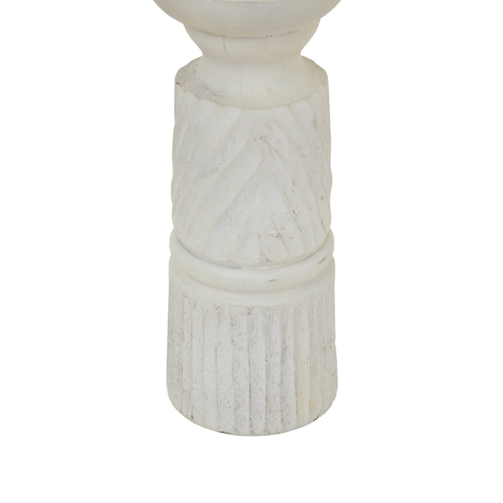 White carved wood candle holder with geometric patterns, elegant home decor centerpiece by RoomLondon at brixbailey.com