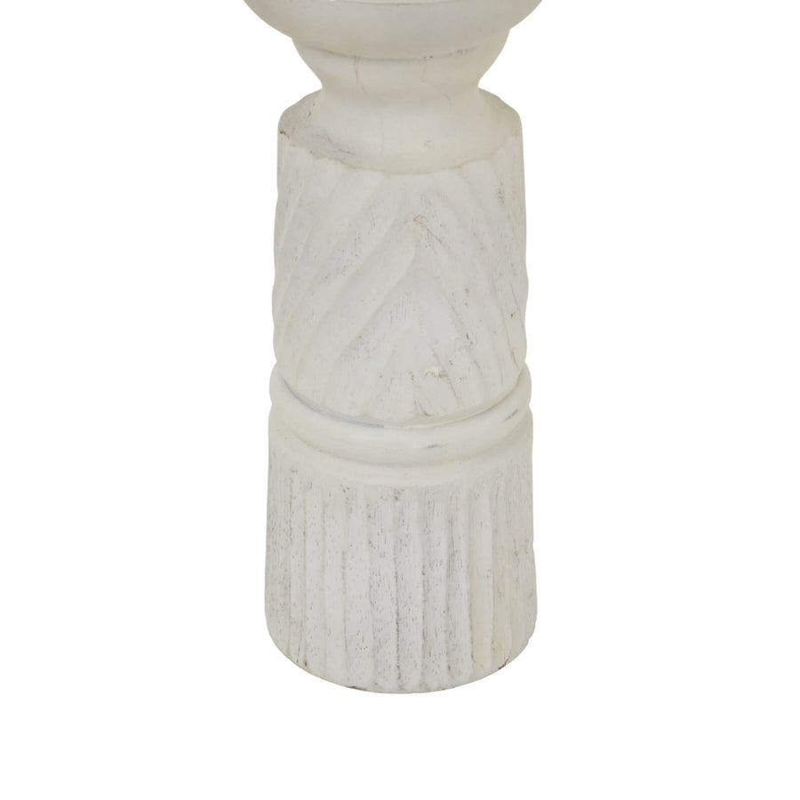 White carved wood candle holder with geometric patterns, elegant home decor centerpiece by Sostter at brixbailey.com