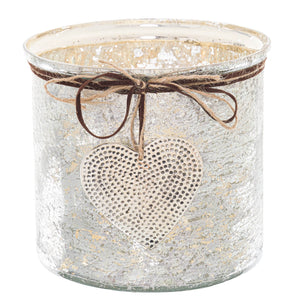 Handcrafted mercury glass heart candle holder with hammered dots, vintage finish, and rustic twine bow for home decor by RoomLondon at brixbailey.com