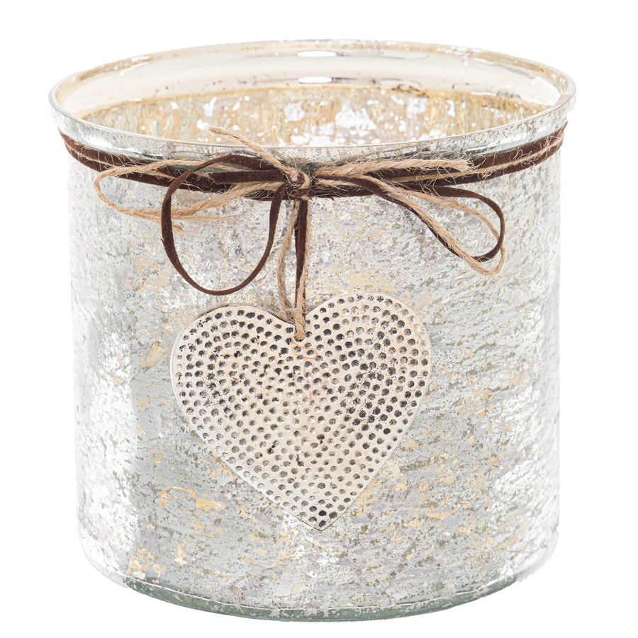 Handcrafted mercury glass heart candle holder with hammered dots, vintage finish, and rustic twine bow for home decor by Sostter at brixbailey.com