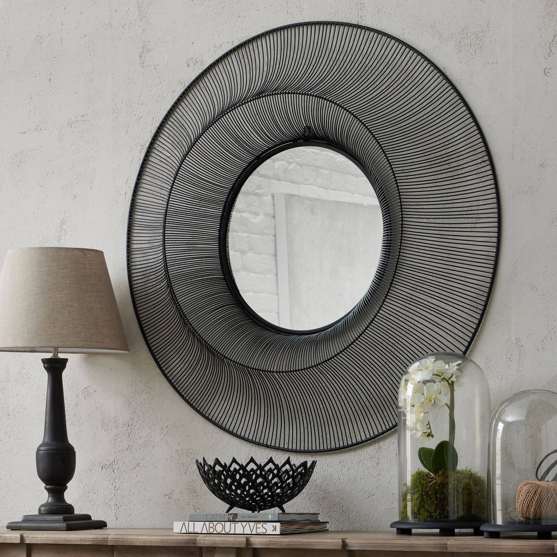 Chico black large wire mirror with geometric grid design, matte black metal frame, 120cm statement wall decor by Sostter at brixbailey.com