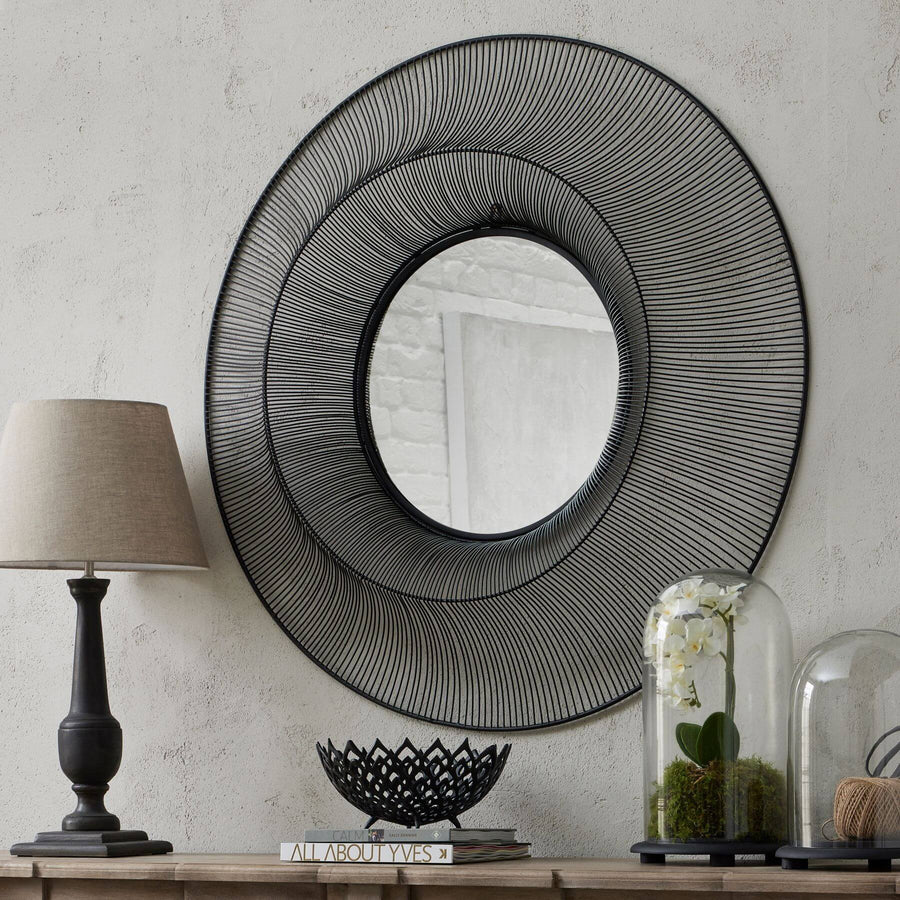 Chico black large wire mirror with geometric grid design, matte black metal frame, 120cm statement wall decor by Sostter at brixbailey.com