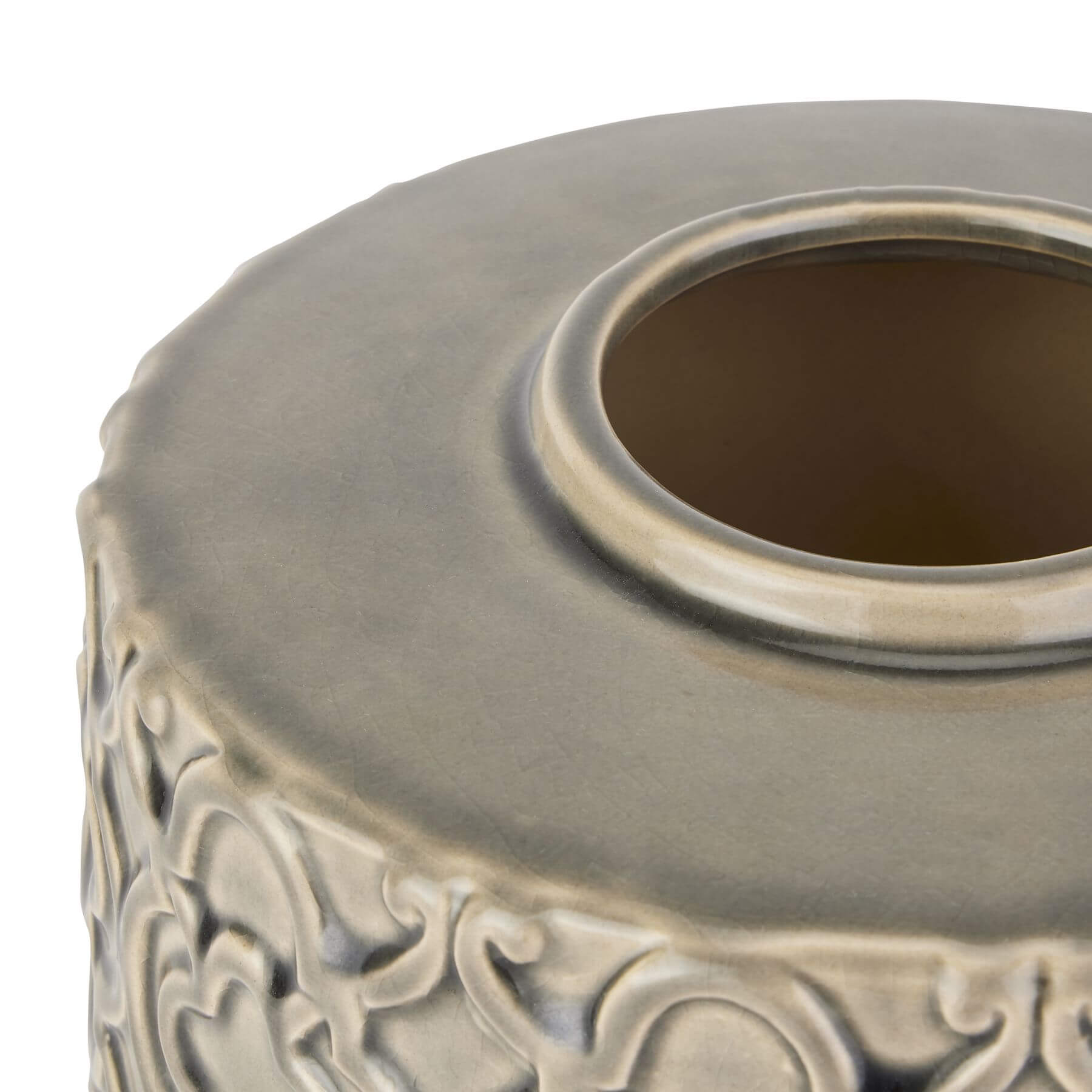 Handcrafted grey ceramic urn with Marrakesh-inspired patterns, removable lid, and textured glaze for home decor by Sostter at brixbailey.com