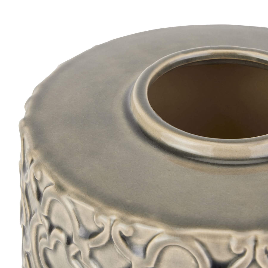 Handcrafted grey ceramic urn with Marrakesh-inspired patterns, removable lid, and textured glaze for home decor by Sostter at brixbailey.com
