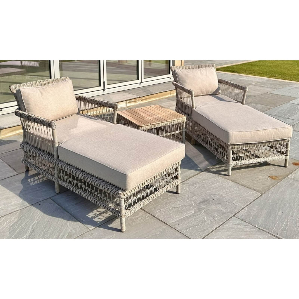 Provence Sun Lounger Set in beige with HDPE rattan weave, aluminum frame, and Olefin cushions for outdoor comfort by Sostter at brixbailey.com