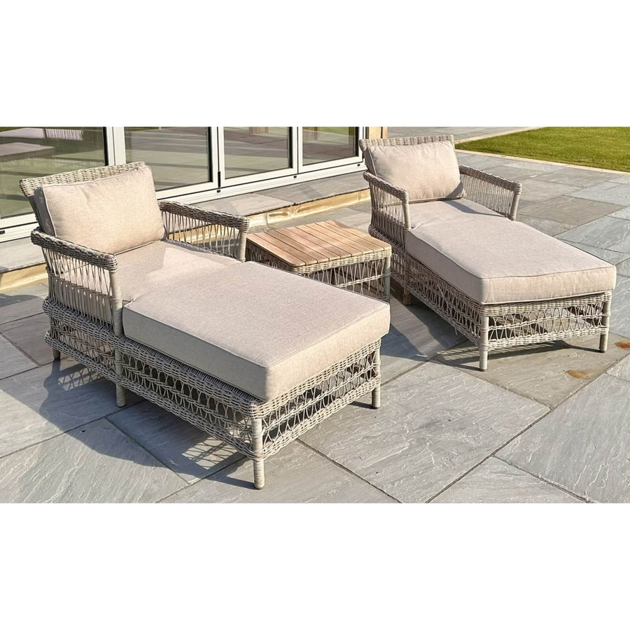 Provence Sun Lounger Set in beige with HDPE rattan weave, aluminum frame, and Olefin cushions for outdoor comfort by Sostter at brixbailey.com