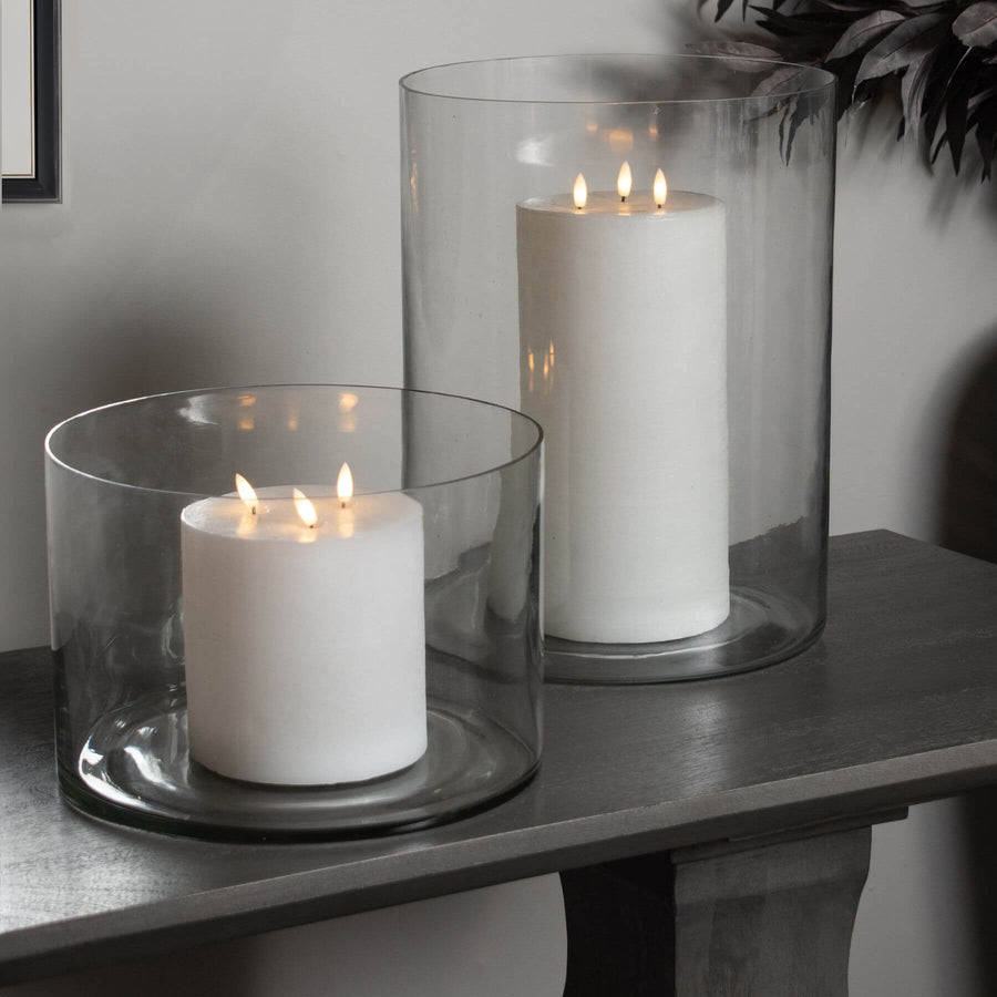 Clear glass Tasman cylinder vase, 40cm tall, showcasing candlelight or floral arrangements in modern home decor by Sostter at brixbailey.com