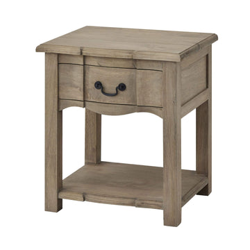 Handcrafted French provincial side table with drawer and shelf in warm brown hardwood, black iron handles by Sostter at brixbailey.com