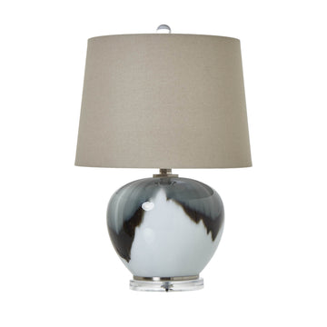 Grey ombre glass table lamp with linen shade, hand-blown base and warm lighting for modern decor. by Sostter at brixbailey.com